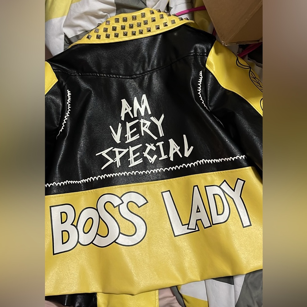 Black And Yellow “Boss Lady” Leather Jacket  , spring lovers